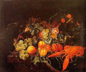 Still Life Of Fruit And Flowers On A Table With A Lobster by Cornelis De Heem