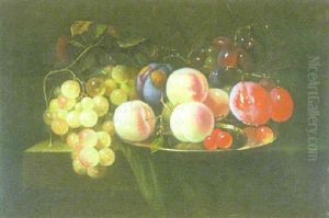 Still Life Of Grapes, Plums, Peaches On A Pewter Plate, All Upon A Table Top Draped With A Green Drape by Cornelis De Heem