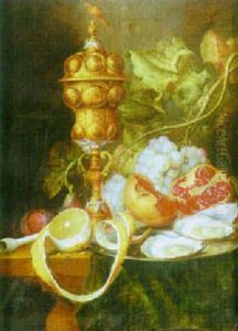 Still Life Of Grapes, Oysters And Pomegranate On A Pewter Tazza by Cornelis De Heem