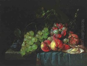 Fruit, Oysters And A Wineglass On A Partly Draped Stone Ledge