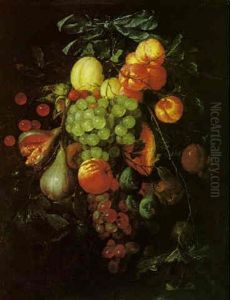 Still Life Of A Bunch Of Fruit, Suspended From A Blue Silk Bow, With Figs, Oranges, Grapes, Lemons And Plums