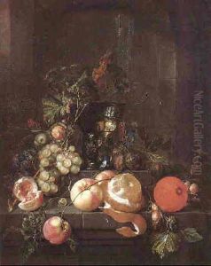 Still Life Of A Roemer, Glass, Fruit, Vines, Nuts, On A Stone Ledge Within A Stone Niche