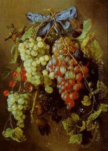 A Still Life Of Grapes, Cherries, Plums, And Hazelnuts, Hanging From A Nail With A Blue Ribbon, With A Butterfly And Snail by Cornelis De Heem