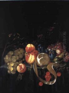 Peaches, Cherries And A Lemon On A Plate With Other Fruit On A Draped Ledge by Cornelis De Heem