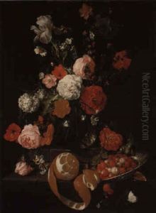 Still Life Of Flowers With A Peeled Orange And Other Fruit On A Marble Ledge by Cornelis De Heem