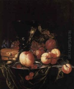 Grapes, A Peach And Other Fruit Scattered Around A Roemer On A Stone Ledge