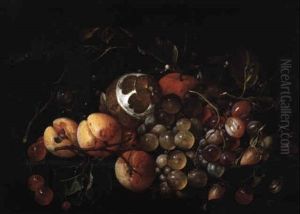 Still Life Of Peaches And Grapes On A Ledge by Cornelis De Heem