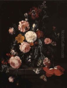 A Still Life Of Flowers In A Glass Vase On A Ledge by Cornelis De Heem