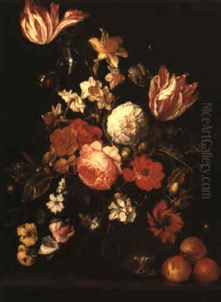 Still Life Of Roses And Other Flowers In A Vase With Butterflies On A Ledge - view 1