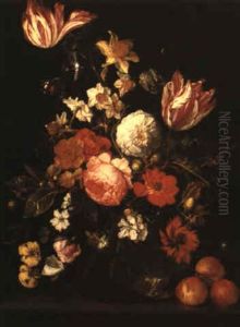 Still Life Of Roses And Other Flowers In A Vase With Butterflies On A Ledge by Cornelis De Heem