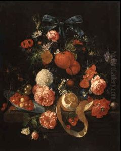 Oranges And Other Flowers Hanging From A Ribbon With Berries In A Bowl by Cornelis De Heem
