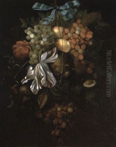 Swag Of Flowers And Fruit Hanging On A Nail by Cornelis De Heem