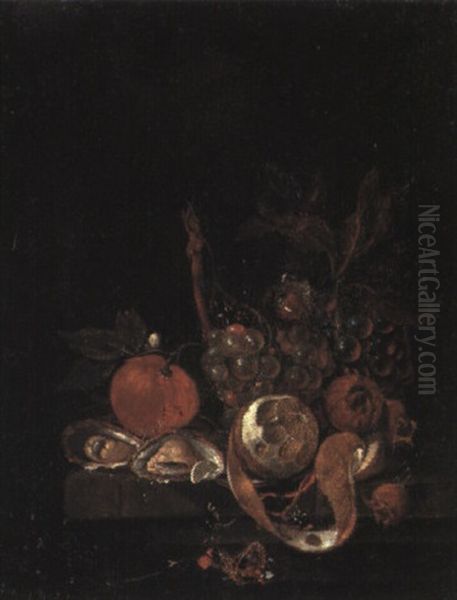 Stilleben Med Citron, Druvor Och Ostron Pa Stenskiva - view 1