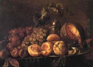 Still Life With Fruit, Salt And A Plate On A Draped Table by Cornelis De Heem