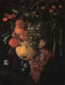 A Swag Of Fruit Tied With A Blue Ribbon, With Insects On The Fruit by Cornelis De Heem