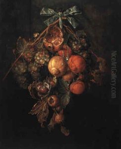 Trophee De Fruits Retenus Par Un Ruban Bleu by Cornelis De Heem