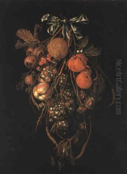 Grapes, Oranges And Other Fruit Suspended From A Nail Tied With Ribbon - view 1