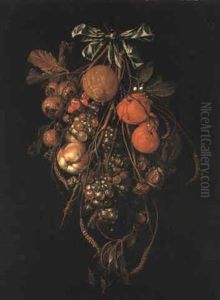 Grapes, Oranges And Other Fruit Suspended From A Nail Tied With Ribbon