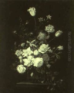 Bouquet De Fleurs Dans Un Vase En Cristal Pos, Sur Un Entablement