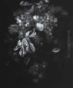 Weintrauben, Pfirsiche Und Kokosnusse Sind Mit Einer        Orchidee Und Einer Rose Arrangiert
