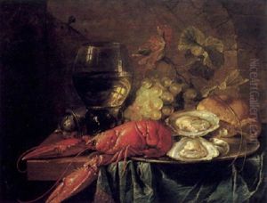 Still Life Of A Crayfish With Oysters On A Silver Dish With A Roemer, Saltcellar, Grapes And Bread by Cornelis De Heem