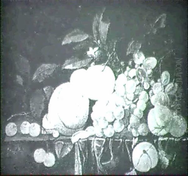 Grapes, Peaches, Cherries, And A Peeled Lemon On A Draped Ledge - view 1