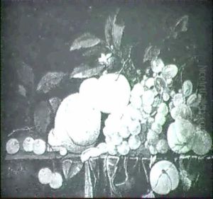 Grapes, Peaches, Cherries, And A Peeled Lemon On A Draped   Ledge