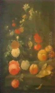 A Still Life With Fruit, A Glass And Flowers On A Ledge by Cornelis De Heem