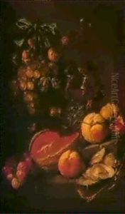 A Still Life Of Fruit, Oysters And Glasses Of Wine Arranged On A Ledge With Grapes Suspended From A Nail by Cornelis De Heem