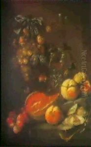 A Still Life Of Fruit, Oysters And Glasses Of Wine Arranged On A Ledge With Grapes Hanging From A Bow by Cornelis De Heem