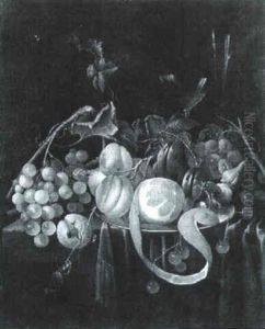 Still Life Of Apricots, Cherries And A Half Peeled On       A Pewter Plate On A Table Withgrapes And Vines