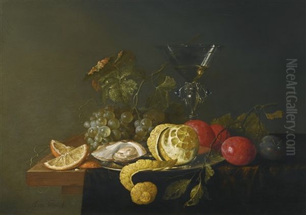 Still Life With A Peeled Lemon, Oyster And A Silver Plate With Grapes, Plums And A Facon-de-venise Glass Filled With White Wine, All On A Wooden Table Partially Draped With A Green Cloth - view 1