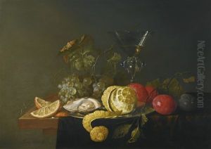 Still Life With A Peeled Lemon, Oyster And A Silver Plate With Grapes, Plums And A Facon-de-venise Glass Filled With White Wine, All On A Wooden Table Partially Draped With A Green Cloth by Jan Davidsz De Heem