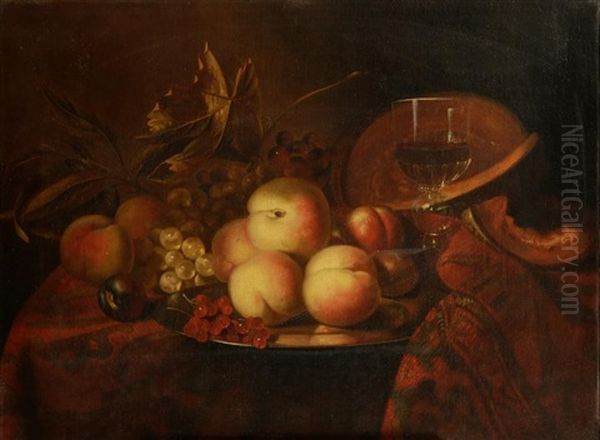 A Still Life Study Of Fruits And A Wine Glass On A Table - view 1