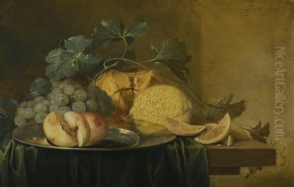Still Life With A Whole And A Halved Peach On A Pewter Plate, Together With Grapes, Lemons And Cherries, All On A Table Draped With A Green Cloth - view 1