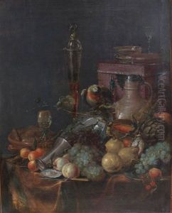 Large Fruit Still Life On A Draped Table With Ceramaic, Glasses And Silver Objects, A Knife And A Red Velvet Casket By A Roemer Glass, On Bronze Stand A Parrot, In Front Of Dark Background by Jan Davidsz De Heem