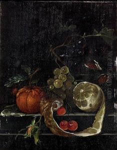 A Lemon, Grapes, Cherries And Other Fruit With A Flower On A Stone Ledge by Jan Davidsz De Heem