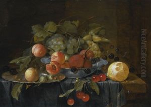Still Life Of Fruit On A Pewter Plate And In A Wan-li Krak Porcelain Bowl, A Partially Peeled Lemon And A Sprig Of Cherries On A Table Draped With A Gold-hemmed Cloth by Jan Davidsz De Heem