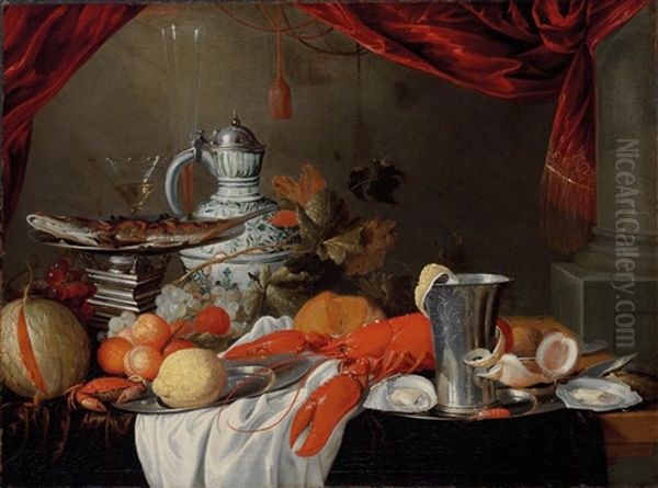 Still Life With A Lobster, A Faience Jug, A Silver Beaker, A Fish And Fruit - view 1