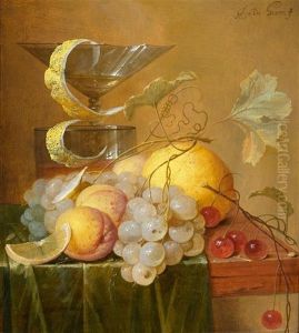A Still Life With Grapes, Apricots, Cherries, A Lemon And Drinking Glasses On A Table A Still Life With Grapes, Apricots, Cherries, A Lemon And Drinking Glasses On A Table
