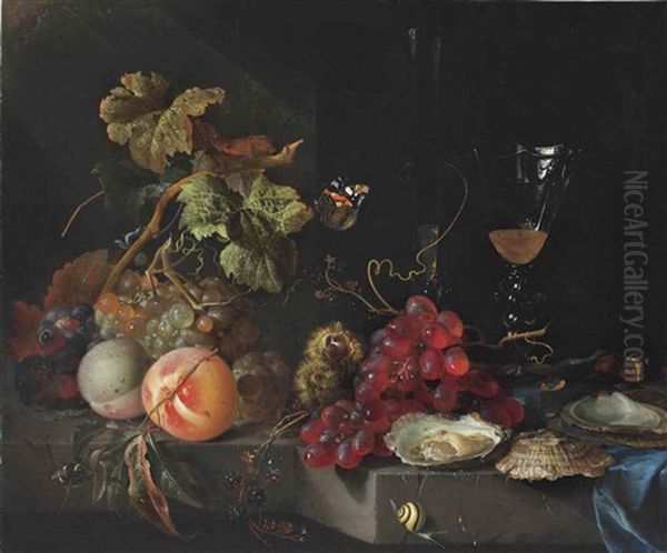 Grapes, Peaches, Blackberries, Scallops, Chestnuts, And Facon-de-venise Wine Glasses On A Partially Draped Stone Ledge With A Snail, A Butterfly, And A Bumblebee - view 1
