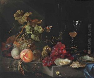 Grapes, Peaches, Blackberries, Scallops, Chestnuts, And Facon-de-venise Wine Glasses On A Partially Draped Stone Ledge With A Snail, A Butterfly, And A Bumblebee by Jan Davidsz De Heem