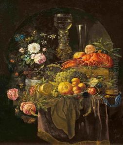 Stillleben Mit Hummer, Romerglas, Fruchten Und Blumen by Jan Davidsz De Heem