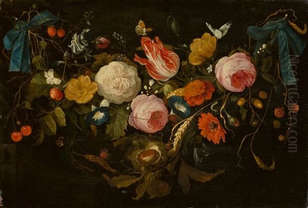 A Garland Of Flowers, Fruit And Nuts, Attached To Nails By Blue Ribbons - view 1
