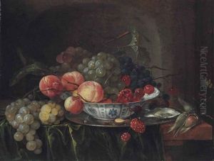 Grapes And Apples In A Wan-li Dish With Oysters On A Stone Ledge Grapes And Apples In A Wan-li Dish With Oysters On A Stone Ledge