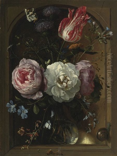 A Glass Vase Of Flowers Including Roses, A Tulip, And Thistles With Snails, A Butterfly, And A Caterpillar - view 1