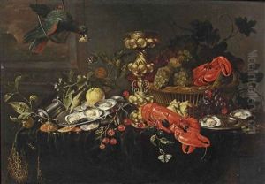 A Lobster, Oysters On A Pewter Dish, Cherries, Oranges And Grapes In A Wicker Basket, Butterflies And A Bird Hanging Over A Fully Draped Table