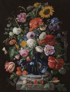 Tulips, A Sunflower, An Iris, Anemone, Hydrangeas, Honeysuckle, Willow Catkins, Carnations And Other Flowers In A Glass Vase On A Marble Pediment by Jan Davidsz De Heem