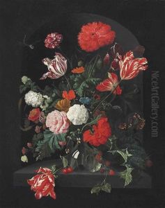 Roses, Parrot Tulips, Carnations, A Sprig Of Wild Blackberries, Convolvulus, Snowballs And Other Flowers In A Glass Vase, In A Sculpted Niche... by Jan Davidsz De Heem