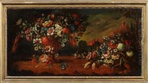 Still Life, An Urn Of Summer Flowers Alongside A Basket Of Summer Flowers, Set In A Landscape With A Castle Ruin Beyond